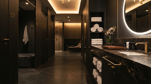 Luxury changing rooms with dark timber lockers