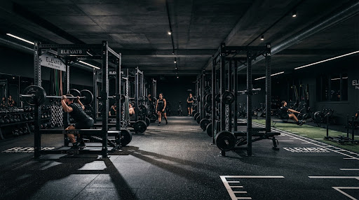 Rows of squat racks and barbells on the strength floor